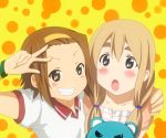  blue_eyes braid brown_eyes brown_hair casual grin k-on! kotobuki_tsumugi long_hair samuraichamp smile stuffed_animal stuffed_toy tainaka_ritsu teddy_bear twin_braids 