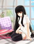  1girl airplane bed black_hair black_legwear csai highres light_smile long_hair looking_at_viewer no_pants orange_eyes original pillow shirt sidelocks sitting solo thighhighs tree very_long_hair window 