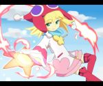  1girl amitie blonde_hair clouds fire flipped_hair green_eyes hat jacket komeichou-69 letterboxed puyopuyo puyopuyo_fever red_legwear short_hair shorts sky smile solo staff star thigh-highs 