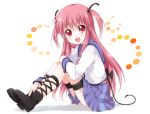  ankle_lace-up bat_wings cross-laced_footwear leg_ribbon long_hair namori open_mouth pink_eyes pink_hair school_uniform serafuku short_twintails smile solo tail thigh_strap twintails wings yui_(angel_beats!) 