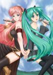  2girls back-to-back bare_shoulders black_thighhighs blue_eyes breasts c.z. detached_sleeves dress green_hair hairband hatsune_miku holding_hands large_breasts long_hair megurine_luka microphone pink_hair thigh-highs twintails very_long_hair vocaloid zettai_ryouiki 
