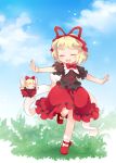  bow bubble_skirt flower hair_bow juuno_(nekoda) lily_of_the_valley medicine_melancholy outdoors outstretched_arms spread_arms standing_on_one_leg su-san touhou 