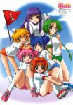  6girls aizawa_mint akai_ringo blonde_hair blue_hair buruma double_bun flag fong_pudding fujiwara_zakuro glasses green_hair long_hair midorikawa_lettuce momomiya_ichigo pink_hair purple_hair redhead short_hair tokyo_mew_mew 