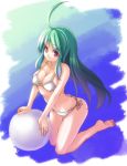  ball barefoot beachball bikini breasts christinya cleavage green_hair huge_ahoge kneeling long_hair original purple_eyes side-tie_bikini solo swimsuit violet_eyes white_bikini 