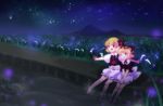  amo barefoot blonde_hair bloomers blue_eyes dock fang feet_in_water flower hair_ribbon highres lily_of_the_valley medicine_melancholy mountain multiple_girls nature night outstretched_arms red_eyes ribbon rumia short_hair sitting sky soaking_feet spread_arms star star_(sky) starry_sky touhou water 