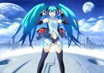 aqua_hair elbow_gloves gloves hatsune_miku hatsune_miku_(append) headphones headset highres long_hair moon oggy_(oggyoggy) skirt smile thigh-highs thighhighs twintails very_long_hair vocaloid vocaloid_append