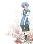  ayanami_rei bag blue_hair hand_on_own_face hand_to_face head_tilt highres looking_up neon_genesis_evangelion red_eyes ribbon school_bag school_uniform shoes short_hair socks solo 