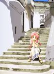  building chin_rest mizunashi_akari pink_hair shoes short_sleeves sitting smile solo soshina_nohito stairs window 