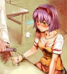 bottle bow_(artist) bow_(bhp) breasts cleavage face glass hairband jewelry necklace original purple_hair sake short_hair solo yellow_eyes 