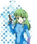  cosplay gun handgun kochiya_sanae long_hair metroid_fusion renka_(kerorenka) samus_aran samus_aran_(cosplay) touhou weapon zero_suit 