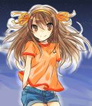  brown_eyes brown_hair denim denim_shorts hair_ribbon hairband kairi_(mglg) long_hair ribbon shorts suzumiya_haruhi suzumiya_haruhi_(young) suzumiya_haruhi_no_yuuutsu 