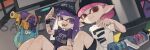  1boy 1girl backwards_hat baseball_cap black_headwear black_shorts black_wristband gun h-3_nozzlenose_(splatoon) hat highres holding holding_gun holding_weapon inkling inkling_boy inkling_girl jellyfish_(splatoon) long_hair looking_at_viewer open_mouth pink_hair pointy_ears prat_rat print_shirt purple_hair purple_shirt red_eyes sample_watermark shirt short_hair shorts smile splatoon_(series) splatoon_3 splattershot_(splatoon) teeth violet_eyes watermark weapon white_shirt 