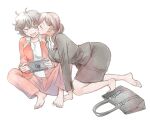  2girls akiyama_haru all_fours androgynous bag barefoot black_hair breasts brown_eyes brown_hair commentary_request handbag handheld_game_console holding holding_handheld_game_console jacket kiss kissing_cheek medium_breasts medium_skirt multiple_girls nintendo_switch office_lady one_eye_closed open_mouth orange_jacket orange_pants original pants pencil_skirt ponytail short_hair skirt smile tomboy track_jacket yuri 