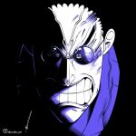  1boy aboude_art anger_vein angry artist_name clenched_teeth commentary denjirou_(one_piece) instagram_logo instagram_username kaidou_(one_piece) kurozumi_orochi limited_palette male_focus one_piece round_eyewear signature solo sunglasses teeth v-shaped_eyebrows 