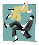  2boys absurdres blue_background chinese_clothes coat floating full_body fushiguro_megumi hand_in_pocket highres itadori_yuuji jujutsu_kaisen looking_at_viewer male_focus marukome0816 monochrome multiple_boys pants shoes short_hair simple_background spiky_hair 