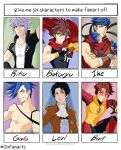  6+boys bart_allen black_hair bloody_roar brown_hair dc_comics fire_emblem galo_thymos highres ike_(fire_emblem) kid_flash kingdom_hearts kingdom_hearts_iii multiple_boys multiple_drawing_challenge ogami_kenji promare shingeki_no_kyojin six_fanarts_challenge young_justice 