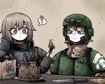  ! 2girls armor astra_militarum blonde_hair brown_hair collar eyelashes field_ration food fork grey_eyes helmet knife meat military_uniform multiple_girls octosoup pale_skin plate shoulder_armor skull table turtleneck uniform violet_eyes warhammer_40k wide-eyed 