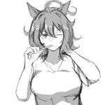  1girl absurdres agnes_tachyon_(umamusume) ahoge animal_ears breasts commentary_request greyscale hair_between_eyes highres holding holding_toothbrush horse_ears horse_girl looking_at_viewer medium_breasts messy_hair miya_nns35 monochrome one_eye_closed shirt short_hair short_sleeves simple_background sketch solo toothbrush umamusume upper_body waking_up white_background 