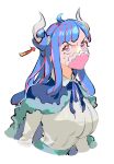  1girl arrow_(symbol) blue_cape blue_hair blue_ribbon blue_skirt cape covered_mouth curled_horns dinosaur_girl horns long_hair mask mouth_mask multicolored_hair one_piece pink_eyes pink_hair pink_mask raine_(acke2445) ribbon shirt shirt_tucked_in simple_background skirt solo streaked_hair ulti_(one_piece) white_background white_shirt 