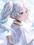  1girl aokablue00 capelet dated earrings floating_hair frieren from_side green_eyes jewelry long_hair parted_bangs pointy_ears signature solo sousou_no_frieren twintails upper_body white_capelet white_hair 