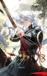  1boy absurdres aiming alternate_costume black_sleeves blade_(honkai:_star_rail) bow_(weapon) chinese_clothes closed_mouth earrings expressionless highres holding holding_bow_(weapon) holding_weapon honkai:_star_rail honkai_(series) jewelry liang_(lisha5668920) long_hair long_sleeves male_focus parted_bangs ponytail solo translation_request weapon yingxing_(honkai:_star_rail) 