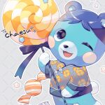  animal_crossing animal_focus bear black_eyes bluebear_(animal_crossing) candy chinese_clothes commission floral_print food grey_background hideko_(l33l3b) highres holding holding_candy holding_food holding_lollipop lollipop no_humans one_eye_closed open_mouth patterned_background smile solo upper_body wrapped_candy 