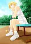  1girl ahoge antenna_hair arm_support ball bare_arms bare_shoulders blonde_hair blue_sky clouds cloudy_sky collared_shirt commentary_request fence from_below from_side looking_to_the_side original pleated_skirt racket satsuki_mikazu shirt shoes short_hair sitting skirt sky sleeveless sleeveless_shirt sneakers socks solo sportswear tennis_ball tennis_court tennis_racket tennis_uniform white_footwear white_shirt white_skirt white_sneakers white_socks white_wristband wristband yellow_eyes 
