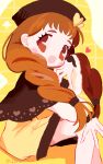  1girl :d absurdres arisugawa_himari beret blush braid brown_capelet brown_eyes brown_hair brown_headwear capelet commentary_request dress hair_over_shoulder hand_on_own_face hand_up hat highres kirakira_precure_a_la_mode long_hair long_sleeves looking_at_viewer noniha open_mouth precure single_braid sitting smile solo twin_braids twintails twitter_username yellow_background yellow_dress 