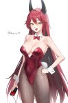  absurdres bare_shoulders bow earphones earphones goddess_of_victory:_nikke highres holding holding_phone horns long_hair maviss_03 nail_polish open_mouth phone playboy_bunny red_bow red_hood_(nikke) redhead simple_background smile twitter_username white_background 