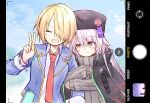  2girls arm_grab black_coat black_headwear blazer blonde_hair blue_jacket blush charlotta_skopovskaya closed_eyes coat collared_shirt facing_viewer fur_hat grey_hair grey_sweater hair_over_one_eye hat heaven_burns_red jacket kayamori_ruka long_hair long_sleeves looking_at_another looking_at_viewer multiple_girls necktie one_eye_covered open_mouth photo red_necktie shirt short_hair smile sweater taketatsu_(bamboo_stand09) upper_body ushanka v viewfinder white_shirt yellow_eyes 