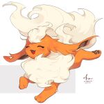  animal_focus closed_eyes fang flareon floppy_ears fluffy grey_background happy hideko_(l33l3b) highres no_humans open_mouth pawpads pokemon pokemon_(creature) running signature simple_background smile twitter_username 