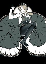  1girl black_gloves black_pantyhose breasts buttons collared_shirt danganronpa_(series) danganronpa_v3:_killing_harmony dress dress_shirt gloves green_eyes grey_hair hair_over_one_eye knee_up lace-trimmed_dress lace_trim large_breasts long_dress long_sleeves looking_at_viewer maid_headdress necktie no_shoes open_mouth pantyhose pinafore_dress qqubbell raised_eyebrows shirt short_hair sleeveless sleeveless_dress solo tojo_kirumi 