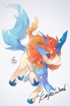  animal_focus blue_hair commentary commission full_body grey_background hideko_(l33l3b) highres hooves keldeo keldeo_(resolute) mane no_humans pokemon pokemon_(creature) red_eyes redhead signature simple_background smile solo sparkle symbol-only_commentary twitter_username unicorn 