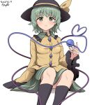  1girl black_headwear black_socks breasts chups commentary dated feet_out_of_frame green_eyes green_hair hat hat_ribbon heart heart_of_string highres komeiji_koishi looking_at_viewer ribbon shirt short_hair signature simple_background sitting socks solo third_eye touhou white_background yellow_ribbon yellow_shirt 
