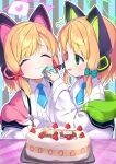  2girls animal_ear_headphones animal_ears blonde_hair blue_archive blush bow fake_animal_ears green_eyes green_halo hair_bow halo headphones highres jacket long_sleeves midori_(blue_archive) momoi_(blue_archive) multiple_girls pink_halo ponshu_(ponshuislife) red_bow short_hair siblings sisters twins two-sided_fabric two-sided_jacket white_jacket wide_sleeves 