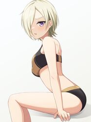  absurdres bikini blonde_hair hair_over_eyes highres looking_at_viewer love_live! love_live!_nijigasaki_high_school_idol_club mia_taylor open_mouth samesuke_(315samesuke) short_hair simple_background sitting swimsuit violet_eyes 