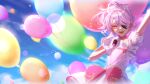  1girl ahoge balloon bow choker dress edogawa_kigoro eyepatch hair_bow heart heart_ahoge highres holding holding_microphone maria_marionette microphone multicolored_hair nijisanji nijisanji_en pink_choker pink_eyes pink_hair ponytail puffy_short_sleeves puffy_sleeves purple_hair short_sleeves solo streaked_hair virtual_youtuber white_bow white_dress 