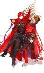  1boy 1girl all_fours black_hair brother_and_sister cape crossed_legs fate/grand_order fate_(series) fiery_hair hair_over_one_eye hat high_heels highres human_chair human_furniture long_hair oda_nobukatsu_(fate) oda_nobunaga_(fate) oda_nobunaga_(maou_avenger)_(fate) red_cape red_eyes redhead siblings sitting sitting_on_person skull smile twitter_username very_long_hair yui_(tamagohan) 