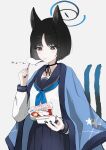  1girl absurdres animal_ears black_hair blue_archive cat_ears cat_tail eating food haori highres holding holding_food ice_mochi_(food) japanese_clothes kikyou_(blue_archive) mitsumoto_amata multiple_tails short_hair simple_background solo tail white_background 