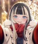  1girl black_hair blue_eyes blunt_bangs blush coat duffel_coat gloves grey_hair highres hololive hololive_dev_is juufuutei_raden long_hair looking_at_viewer meme menma_(ru28) multicolored_hair open_mouth pov_cheek_warming_(meme) reaching reaching_towards_viewer red_gloves red_scarf scarf sidelocks smile solo streaked_hair teeth upper_teeth_only virtual_youtuber white_coat 