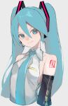  1girl bare_shoulders black_sleeves blue_eyes blue_hair blue_necktie breasts closed_mouth collared_shirt commentary cropped_torso detached_sleeves grey_background grey_shirt hair_between_eyes hatsune_miku headset highres koko_niiru long_hair looking_at_viewer necktie number_tattoo shirt shoulder_tattoo simple_background sleeveless sleeveless_shirt small_breasts solo tattoo twintails vocaloid 