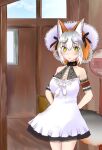  1girl animal_ears belt dress extra_ears fox_ears fox_girl fox_tail grey_hair hat island_fox_(kemono_friends) kemono_friends kemono_friends_v_project long_hair looking_at_viewer multicolored_hair nekomimi_illust orange_hair ribbon simple_background solo sundress tail two-tone_hair virtual_youtuber yellow_eyes 