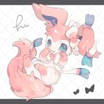  animal_focus blue_eyes bow chibi commentary_request crying hideko_(l33l3b) highres looking_at_viewer no_humans open_mouth pink_fur pokemon pokemon_(creature) ribbon signature sylveon tearing_up 