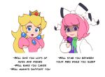  blonde_hair blue_eyes breasts chibi crown dress drill_hair earrings elbow_gloves gloves jewelry klara_(pokemon) long_hair looking_at_viewer mole mole_under_mouth open_mouth pink_dress pink_hair pokemon pokemon_swsh princess_peach riz short_hair smile sphere_earrings super_mario_bros. twin_drills 