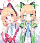  2girls animal_ear_headphones animal_ears blonde_hair blue_archive blue_necktie blush bow closed_mouth collared_shirt double_v fake_animal_ears green_bow green_eyes green_halo hair_bow halo headphones highres jacket midori_(blue_archive) momoi_(blue_archive) multiple_girls necktie open_clothes open_jacket open_mouth pink_halo preste red_eyes shirt short_hair siblings simple_background sisters smile two-sided_fabric two-sided_jacket v white_background white_jacket white_shirt 