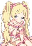  1girl between_legs blonde_hair blush bow bracelet character_name child dot_nose dress emily_stewart floral_print frilled_dress frills hair_bow hand_between_legs hand_on_own_cheek hand_on_own_face idolmaster idolmaster_million_live! jewelry kuresuku_(lessons) long_hair looking_at_viewer medium_dress nervous parted_bangs pink_bow purple_footwear red_ribbon ribbon shoes short_sleeves simple_background sitting solo straight_hair tareme twintails violet_eyes wariza white_background yellow_dress 