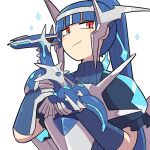  1girl black_sclera blue_hair blush claws closed_mouth colored_sclera commentary_request dialga holding holding_pokemon kasugai_(de-tteiu) long_hair personification pokemon pokemon_(creature) pokemon_dppt pokemon_platinum ponytail red_eyes smile turtleneck 