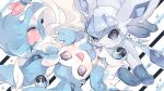  :d alternate_color animal_focus blue_eyes blue_fur blue_theme bright_pupils claws commentary commission fangs glaceon hideko_(l33l3b) highres looking_at_viewer lying moon_ball mouth_hold no_humans on_back on_stomach open_mouth pink_eyes poke_ball pokemon pokemon_(creature) reaching reaching_towards_viewer ribbon ribbon_in_mouth shiny_pokemon signature smile sparkle striped striped_background sylveon symbol-only_commentary twitter_username white_pupils 