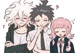 1girl 2boys 30en_(esx5g) ? black_jacket black_shirt blush_stickers closed_eyes collarbone danganronpa_(series) danganronpa_2:_goodbye_despair flipped_hair green_jacket grey_shirt hair_between_eyes hinata_hajime jacket komaeda_nagito medium_hair messy_hair multiple_boys musical_note nanami_chiaki neck_ribbon open_clothes open_jacket open_mouth pink_ribbon print_shirt ribbon shirt simple_background sleeping smile sweatdrop triangle_hair_ornament two-tone_shirt white_background white_hair white_shirt