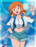  1girl aged_up blush breasts earrings green_eyes hair_ornament highres jacket jewelry looking_at_viewer mega_stone misty_(pokemon) miyuki_tsukiyono open_mouth orange_hair pokemon pokemon_(anime) short_hair shorts smile solo 